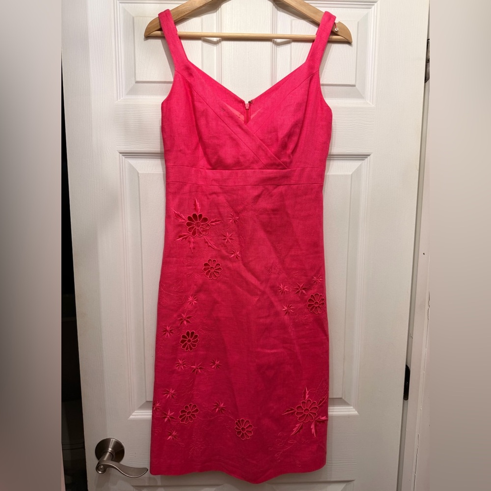 Vintage Donna Morgan Vibrant Pink linen embroidered Floral Midi Dress size 4